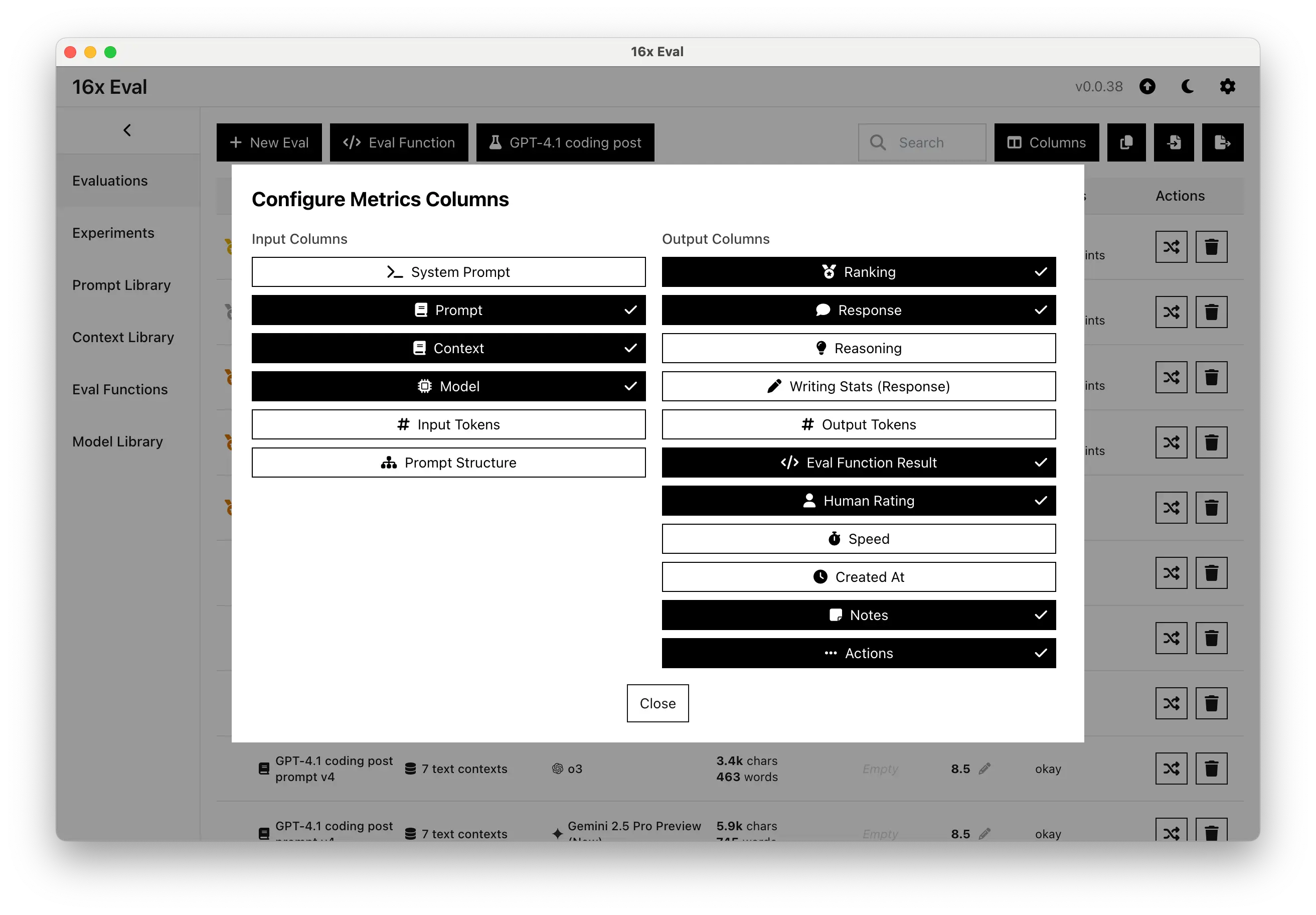 16x Eval customizable columns for metrics
