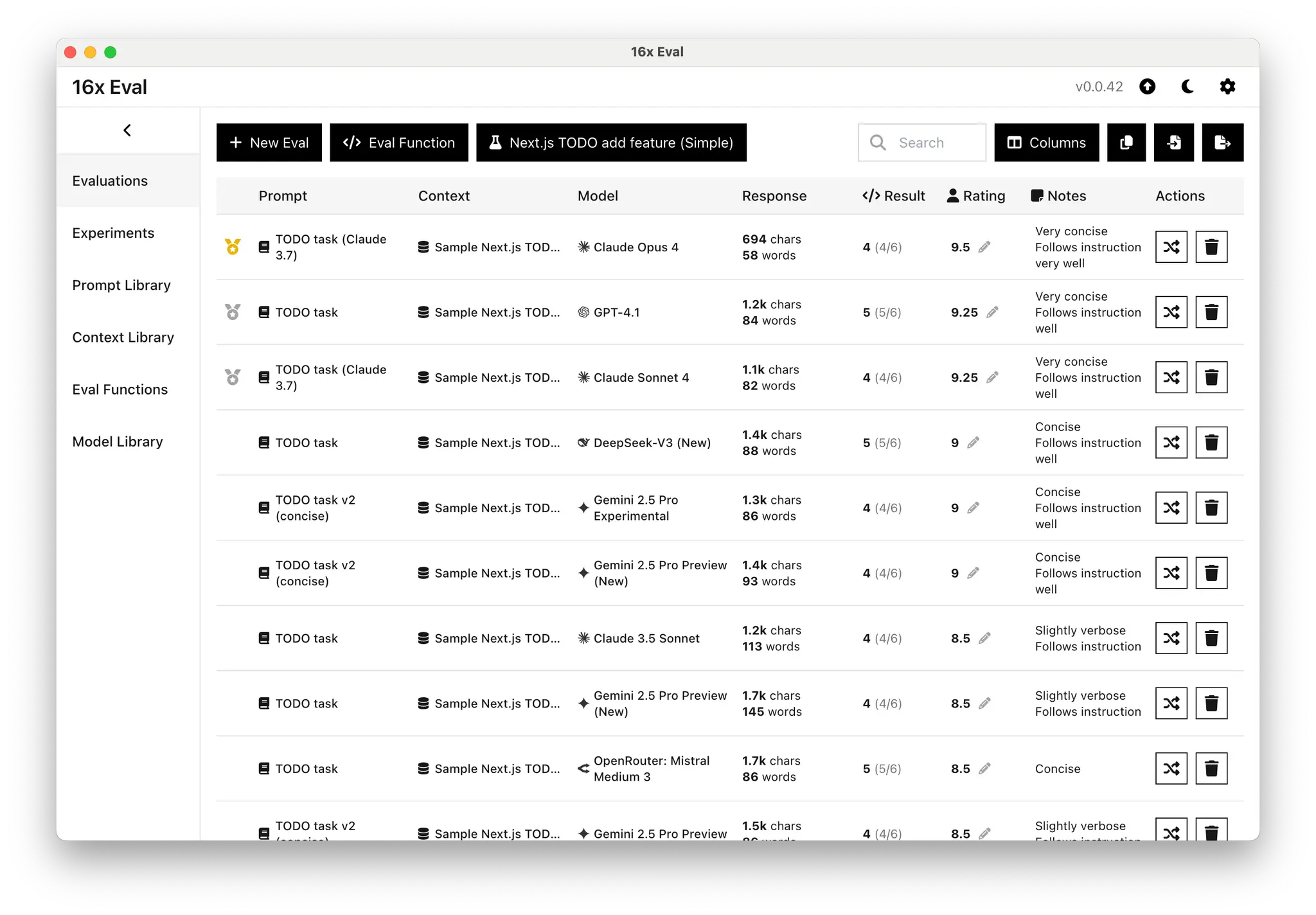 Screenshot of 16x Eval sample evaluations