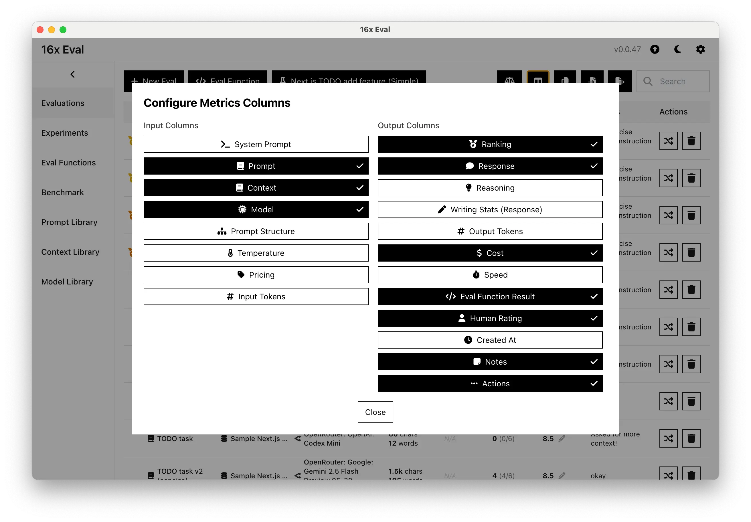 16x Eval customizable columns for metrics
