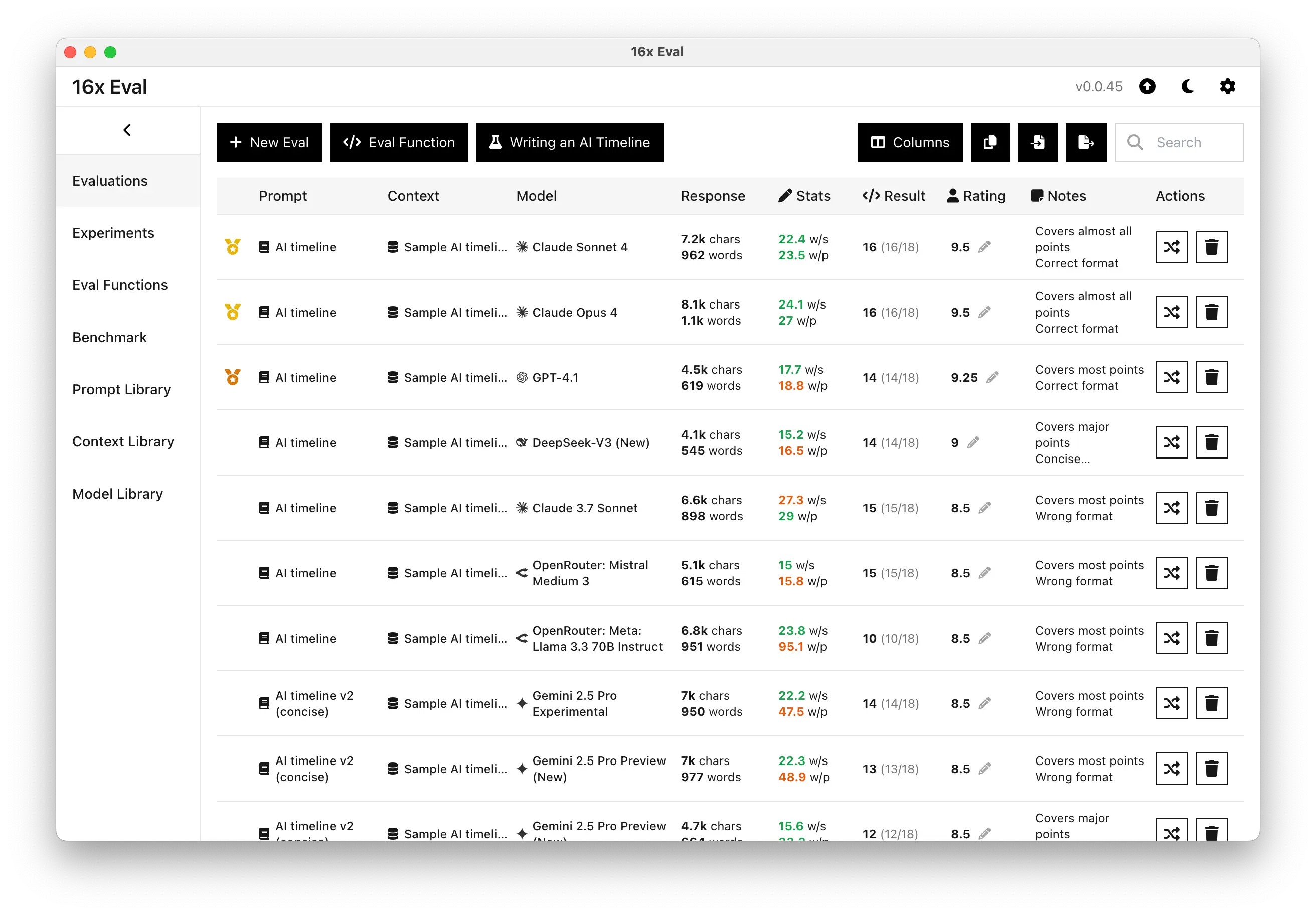 16x Eval results view screenshot
