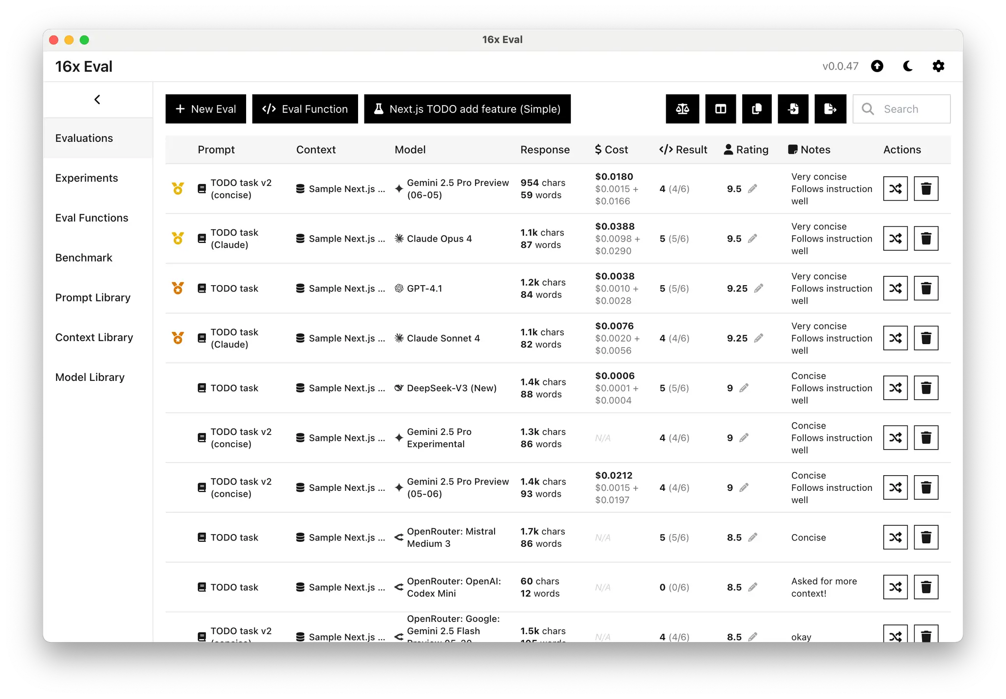 Screenshot of a sample evaluation from 16x Eval