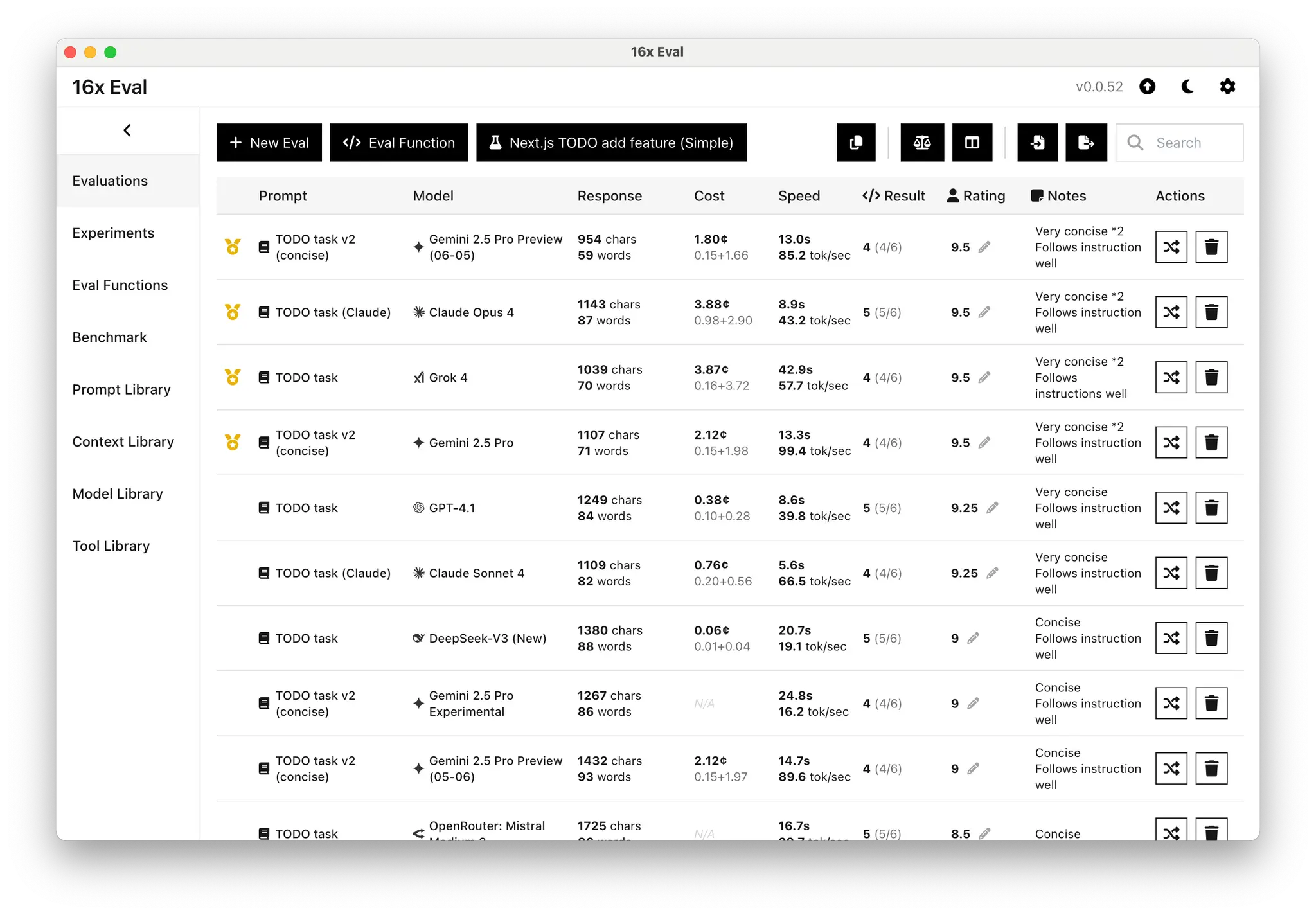 Screenshot of 16x Eval sample evaluations
