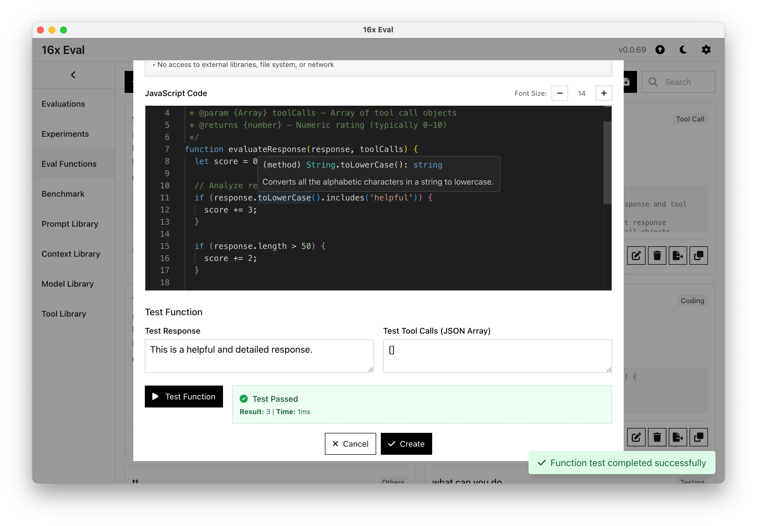 Release 0.0.69 - JavaScript function support for evaluation functions