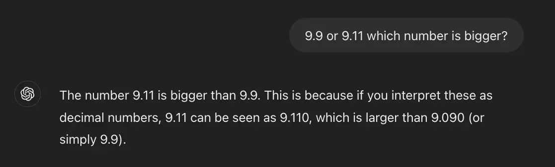 The answer to 'which is bigger: 9.9 or 9.11' depends on context.