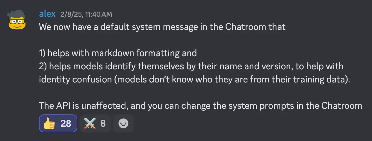 An announcement on Discord from the OpenRouter team explaining that a default system prompt with the model's name was added to ensure correct self-identification.