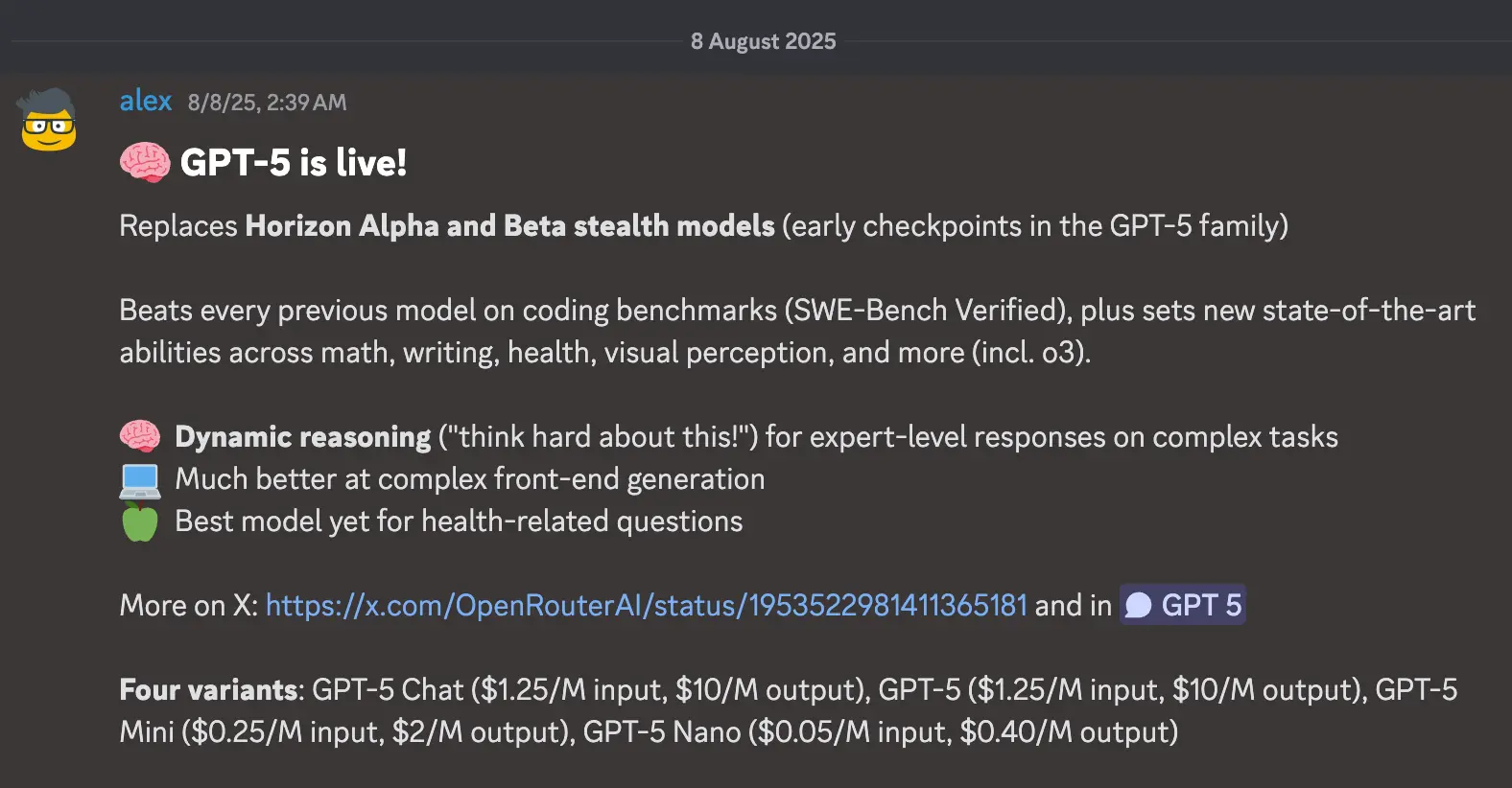 Alex from OpenRouter has confirmed that Horizon Alpha is an "early checkpoint" in the GPT-5 family.
