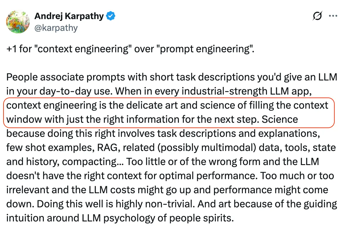 Tweet by Andrej Karpathy, ex-OpenAI researcher on context engineering