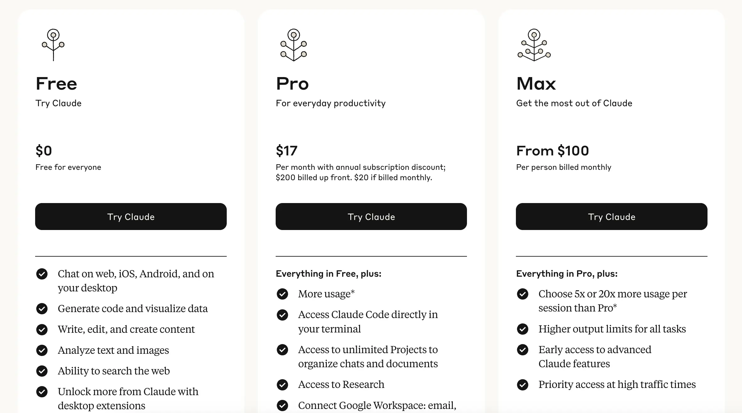 Anthropic's pricing page for individual Claude subscriptions.