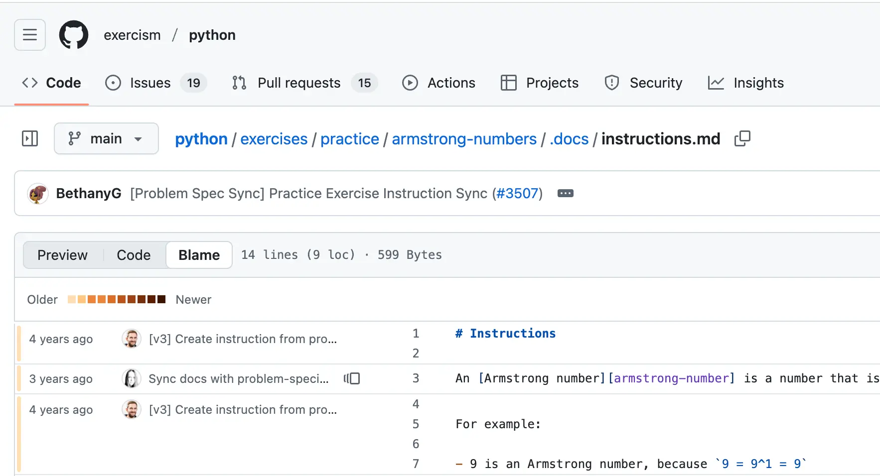 Exercism problems are publicly available on GitHub, some were created between 2021 and 2023.