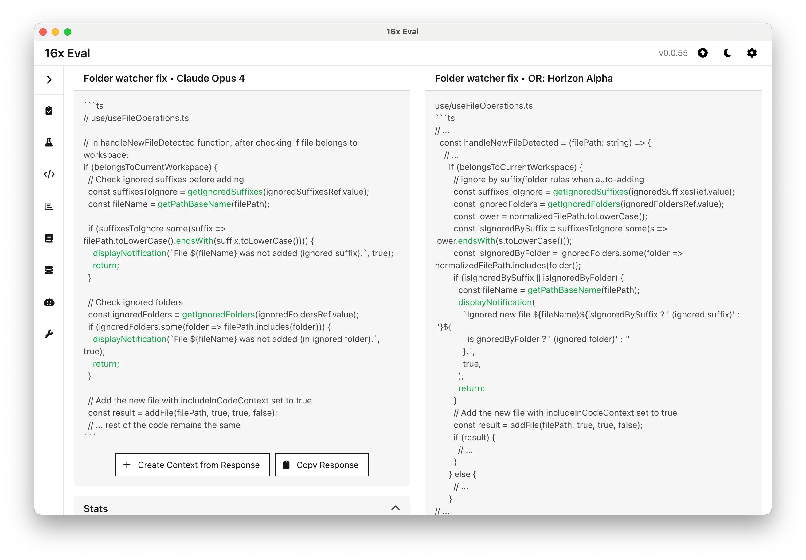 Output comparison between Claude Opus 4 (left) and Horizon Alpha (right) for the folder watcher fix task.