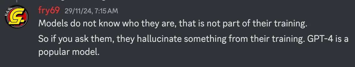 A Discord user explains how the model name and identity are not part of the training data.