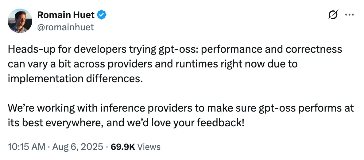 Romain Huet's tweet about gpt-oss performance differences