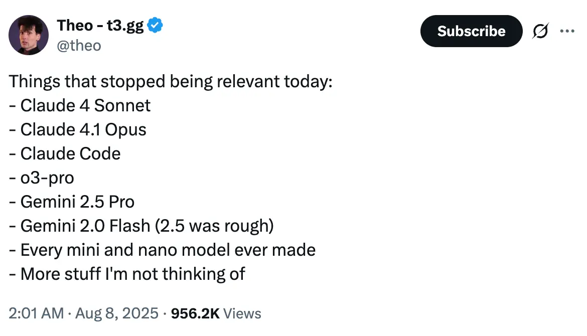 Theo's tweet about GPT-5 making other models irrelevant