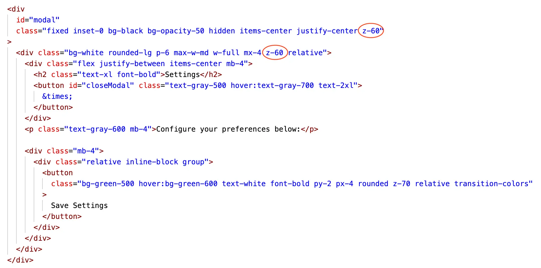 Screenshot showing the code with invalid z-index class z-60